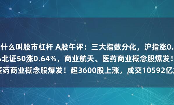 什么叫股市杠杆 A股午评：三大指数分化，沪指涨0.16%创业板指跌1.81%北证50涨0.64%，商业航天、医药商业概念股爆发！超3600股上涨，成交10592亿放量190亿